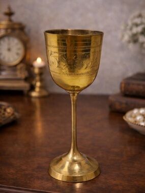 Vintage Solid Brass Goblet 8" Tall Engraved Floral Wine Chalice Made in Pakistan